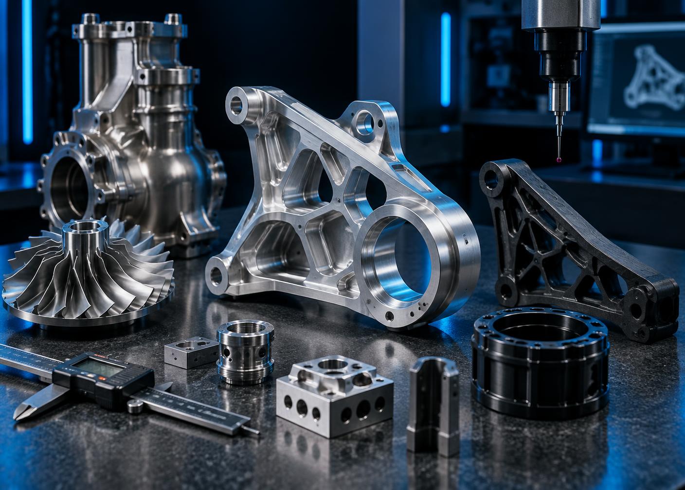Machined metal components under dimensional inspection